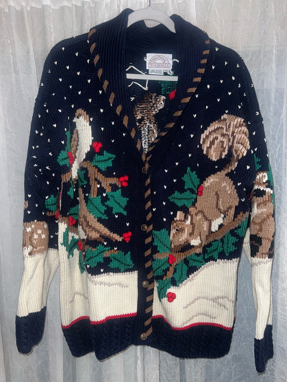Vintage Traditional Trading Co. Christmas Cardigan Sweater Snow Animals Holly XL